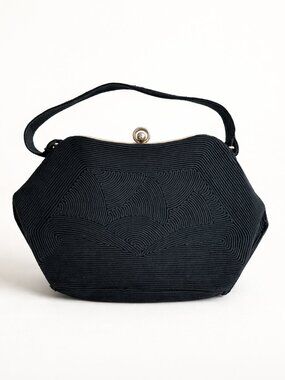 Rare Vintage 1950s whimsigoth black woven cord quiet luxury mob wife evening bag